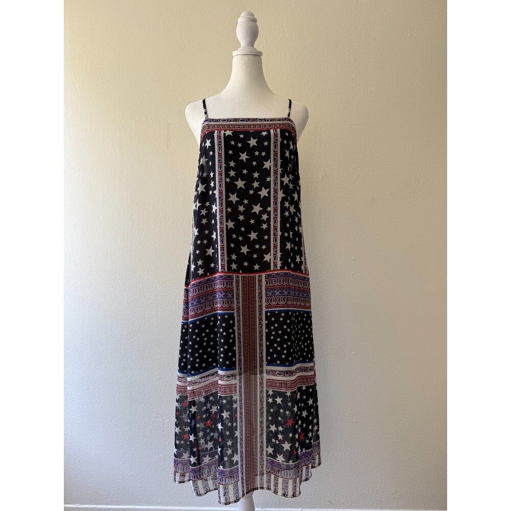 Avec Les Filles Midi Dress Small Star Print Sundress Spaghetti Strap Boho A-Line
